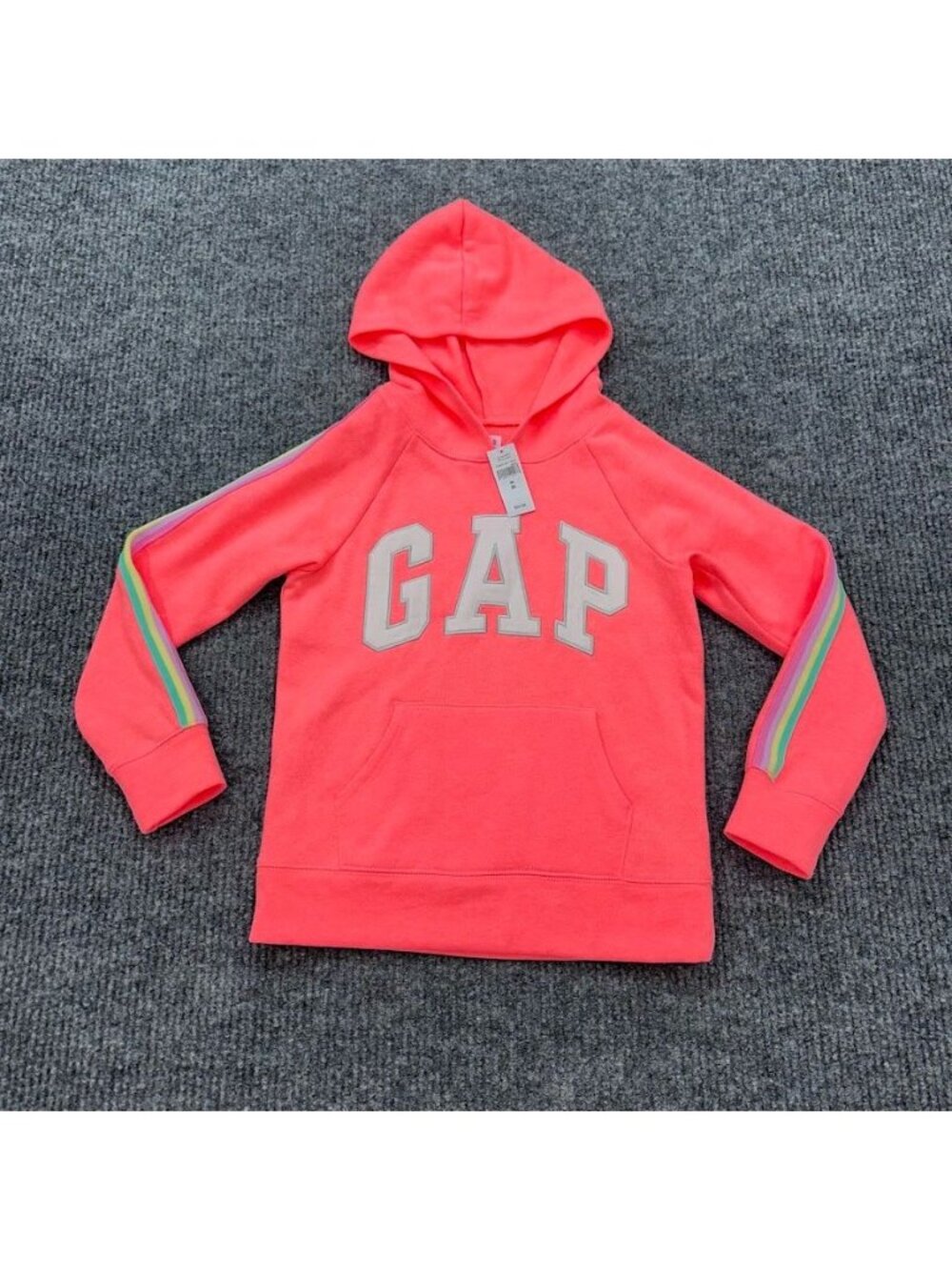 GAP Logo Pullover Fleece Hoodie Sweatshirt Rainbow Stripe Kids Medium 8-9yrs NEW